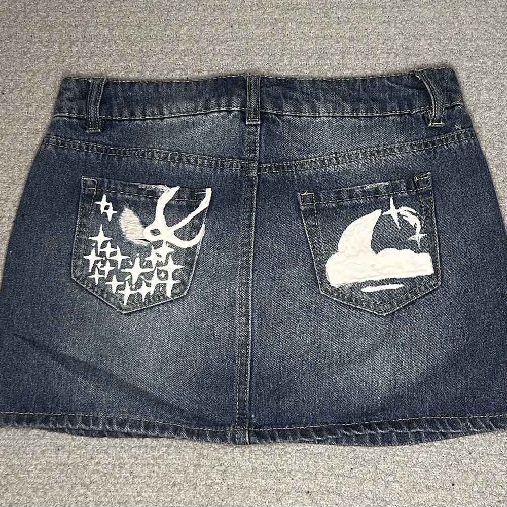 Celestial Mini Skirt Low Rise 1 Blue Moon Star Hand Painted Denim Y2K